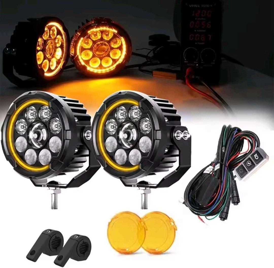 Phare LED 7  pour moto avec feux auxiliaires ambrés (antibrouillards/feux de route